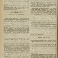 0320 - Page 308 - Sociétés savantes. Société de médecine de Paris. (Séance du 27 février 1908). Hérédo-syphilitiques et traitement spécifique. (Suite de la discussion). M. Antonelli / Avantages du calomel à 40 p. 100. M. Lafay / Société de biologie. (Séance du 29 février 1908). Rapport entre les sulfo-éthers et l'azote urinaire dans quelques états pathologiques et sous l'influence des antiseptiques intestinaux. MM. H. Labbé, G. Vitry et Magrangeas / Les poissons peuvent-ils transmettre la fièvre typhoïde et le choléra ? MM. Remlinger et O. Nouri / Forme et mouvements des globulins. MM. Achard et Aynaud / Influence de la voie d'administration sur la dose minima mortelle du sulfate de strychnine. M. E. Maurel / Livres nouveaux. L'organisation moderne des premiers secours en cas d'accident ou de malaise subit, par le Docteur Marcel Savouré