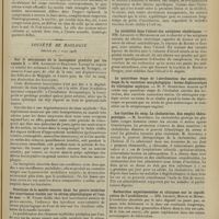 0367 - Page 355 - Sociétés savantes. Société de neurologie. (Séance du 5 mars 1908). Mal de Pott sarcomateux. MM. Raymond et Alquier / Société de biologie. (Séance du 7 mars 1908). Sur le mécanisme de la leucopénie produite par les rayons X. MM. Aubertin et Beaujard / Réactions de la moelle osseuse dans les gastro-entérites des nourrissons traités par le sérum physiologique et l'eau de mer. M. Tixier / Récidive de la kératite syphilitique du lapin. Mode de division du tréponème. MM. Levaditi et Yamanouchi / La solubilité dans l'alcool des antigènes cholériques. MM. Levaditi et Mutermilch / La quatrième étape de l'aérobisation des anaérobies ; étape de la variation morphologique : forme diplococcique du vibriogène septique. M. P. Rosenthal / Les lipoïdes du sang. La cholestérine. Son emploi thérapeutique. M. Iscovesco / Recherches expérimentales et cliniques sur la signification de l'urobilinurie. MM. Lesieur, Monod et Morel / La séro-réaction de la syphilis et de la paralysie générale. MM. Levaditi et Yamamouchi