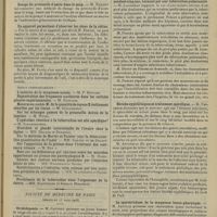 0391 - Page 379 - Sociétés savantes. Société de biologie. (Séance du 14 mars 1908). Toxicité des extraits préparés avec les parois du tube digestif / Dosage du protoxyde d'azote dans le sang. M. Nicloux / Un appareil permettant d'observer les cônes de la rétine / Société de médecine de Paris. (Séance du 13 mars 1908). Orchidopexie. M. Coudray / Sur un cas de rhumatisme tuberculeux ayant évolué pendant cinq ans, terminé par une tuberculose pulmonaire. M. Laussedat / Hérédo-syphilitiques et traitement spécifique. M. Verchère / La sporotrichose de la muqueuse bucco-pharyngée. M. Letulle