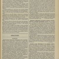 0475 - Page 463 - Sociétés savantes. Société de médecine de Paris. (Séance du 28 mars 1908). Hérédo-syphilitiques et traitement spécifique. (Suite de la discussion). M. Ozenne / Analyses. Médecine. Le mouvement inverse du diaphragme dans le pneumothorax. (Gazzetta degli Osped. e delle Clin...). [A. Gaullieur l'Hardy] / Le glycogène dans les produits de l'expectoration ; sa valeur diagnostique et pronostique. (Riforma med...). [A. Gaullieur l'Hardy] / Diagnostic différentiel de diverses maladies mentales : étude de la formule leucocytaire. (Sandri. Riv. di patol. nerv. e mentale...) [L. Alquier] / L'anémie à type chlorotique de la première enfance. (Etienne Leenhardt. Th. de Paris...). [V. Gardette]