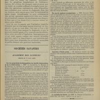 0499 - Page 487 - Tumeurs abdominales simulant le cancer et leur traitement ; par A. W. Mayo-Robson / Sociétés savantes. Académie des sciences. (Séance du 30 mars 1908). Sur les propriétés lécithinophiles du bacille tuberculeux et de la tuberculine. MM. A. Calmette, L. Massol et M. Breton / Société médicale des hôpitaux. (Séance du 3 avril 1908). Cas de gangréne diabétique traités et guéris par l'air chaud sous pression. MM. René Bonamy, Marot et Vignat / Un cas de cyphose traumatique. MM. Georges Guillain et Laroche / Injection d'huile grise. M. Queyrat / Société de chirurgie. (Séance du 1er avril 1908). Traitement chirurgical des perforations intestinales au cours de la fièvre typhoïde