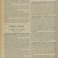 0592 - Page 584 - Médecine pratique. Empoisonnement par les nitrites après l'ingestion de sous-nitrate de bismuth ; par M. A. Böhme / Sociétés savantes. Académie des sciences. (Séance du 21 avril 1908). Le progrès de la chirurgie moderne jugé par une statistique de résections du genou. M. Lucas-Championnière / Société de médecine de Paris. (Séance du 25 avril 1908). Traitement des accidents parasyphilitiques et contrôle par les ponctions lombaires en séries. M. Auguste Marie... / Emploi thérapeutique de l'hyperhémie veineuse et de l'hyperhémie artérielle. M. Durey, dans le service de M. Tuffier / Broncho-pneumonie à entérocoque. Oculo réaction positive. Guérison. MM. Georges Rosenthal et Marcorelles / Sur les corps étrangers du conduit auditif. M. Courtade