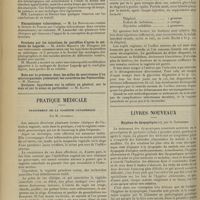 0690 - Page 682 - Sociétés savantes. Société de médecine de Paris. (Séance du 8 mai 1908). La rééducation motrice dans le traitement des ataxie, hémiplégie, paraplégie, tics, tremblement et paralysies diverses. M. Faure / Rhumatismes tuberculeux. M. Le Rouvillois / Prothèse par les injections de paraffine d'après la méthode de Lagarde. M. Adelfo Masotti... / Pratique médicale. Traitement de la vaginite catarrhale ; par M. Chamerey / Livres nouveaux. Hygiène du dyspeptique, par G. Linossier. [L. Babonneix]