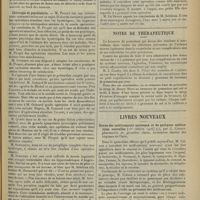 0749 - Page 741 - Sociétés savantes. Société de chirurgie. (Séance du 27 mai 1908). Ectopie testiculaire avec torsion du testicule. M. Routier / Chirurgie et psychiatrie. M. Picqué / Résection de l'omoplate. M. Pauchet... / Opération de Brophy. M. Sébileau / Notes de thérapeutique / Livres nouveaux. Revue des médicaments nouveaux et de quelques médications nouvelles..., par C. Crinon... [L. Gayard]