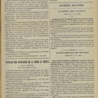 0855 - Page 847 - Paralysie faciale au cours de zona. Nouvelle étude pathogénique ; par le Docteur Paul Casassus... / Passage des opsonines de la mère au foetus ; par M. J. Milith... / Sociétés savantes. Académie des sciences. (Séance du 15 juin 1908). Augmentation de la capacité vitale et du périmètre thoracique chez les enfants. M. Marage / Société médicale des hôpitaux. (Séance du 19 juin 1908). Sporotrichose gommeuse disséminée en noyaux très confluents, gomme sous-périostée du tibia. Présence du parasite dans le sang. MM. F. Widal et André Weill