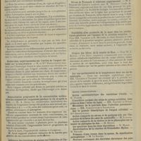 0857 - Page 849 - Sociétés savantes. Société de biologie. (Séance du 20 juin 1908). Des injections hydriques transcutanées. MM. Chiray et A. Lamarre... / Recherches expérimentales sur l'action de l'argent colloïdal sur la température. M. et Mme Bourguignon / Augmentation progressive de la concentration moléculaire des humeurs de l'organisme pendant la vie et après la mort. M. A. Javal / Influence des injections de glucose sur l'infection et l'intoxication chez les animaux rendus hyperthermiques. MM. E. Lesné e L. Dreyfus / Sérum de Trunecek et athérome expérimental. M. J. Teissier... / Possibilité d'un pronostic de la mort chez les paralytiques généraux par l'examen de la pression sanguine. MM. Vaschide et R. Meunier / Origine des fibres de la zonule de Zinn. M. J. Mawas / Sur une particularité de la température dans un cas de méningite. MM. Crouzon et Villeret