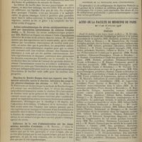 0930 - Page 922 - Sociétés savantes. Société de biologie. (Séance du 4 juillet 1908). Le bacille du tétanos se multiplie-t-il dans l'intestin ? M. H. Vincent / Action antiendotoxique du sérum antidysentérique préparé par inoculation intraveineuse de cultures vivantes seules. M. Dopter / Réaction de Bordet-Gengou dans ses rapports avec l'immunité naturelle contre le charbon. Influence des propriétés physico-chimiques des sérums. MM. L. Boidin et N. Fiessinger / Influence de la voie d'administration sur les doses minima mortelles d'ouabaïne. M. Maurel / Pouvoir immunisant de l'antigène cholérique soluble dans l'alcool. MM. Levaditi et Mutermilch / Notes de thérapeutique. Posologie de la digitaline dans l'hyposystolie / Actes de la Faculté de médecine de Paris du 13 au 18 juillet 1908. Thèses