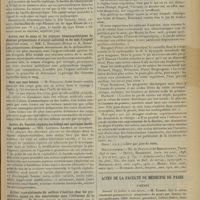 0981 - Page 981 - Sociétés savantes. Société de biologie. (Séance du 18 juillet 1908). Infection dysentérique expérimentale et voies biliaires. M. H. Vincent / Action sur le sang et les organes hématopoiétiques de diverses préparations d'argent colloïdal et de sels d'argent (deuxième note). MM. L. Ribadeau-Dumas et R. Debré / Note sur une levure. M. Piedallu / Action du liquide céphalo-rachidien sur quelques bactéries pathogènes. MM. Lannois, Lesieur et Gauthier / Action convulsivante du sulfate d'ésérine chez les grenouilles ayant eu des convulsions sous l'influence de la strychnine. M. Maurel / Pratique médicale. Thérapeutique de l'artério-sclérose, des affections du coeur et des reins, de la goutte, par le jus de raisins frais « Stem » / Actes de la Faculté de médecine de Paris. Thèses