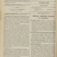 1018 - Page 1018 - Sociétés savantes. Société médicale des hôpitaux. (Séance du 24 juillet 1908). A propos de l'encéphalite aiguë hémorragique. MM. Roger Voisin et Léon Tixier / Pathogénie du rhumatisme tuberculeux. M. A. Poncet / Société de chirurgie. (Séance du 22 juillet 1908). L'anesthésie par la cocaïne dans le traitement des fractures. M. Quénu / Epithélioma de la face, extirpation, autoplastie. M. Morestin / Epithélioma de la langue, du plancher de la bouche et du maxillaire inférieur. M. Morestin / Cancer de la vésicule biliaire. M. Potherat / Formulaire. Vaginite simple / Articles originaux des principales publications françaises et étrangères. Écho médical du Nord / Gazette hebdomadaire des sciences médicales de Bordeaux / Journal de médecine de Bordeaux / Therapie des Gegenwart