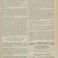 1481 - Page 1485 - Sociétés savantes. Académie de médecine. (Séance du 27 octobre 1908). Diagnostic de la tuberculose. M. Hutinel / Dosage du grisou. M. Gréhant / De l'enseignement du chant. M. Weiss / Société de médecine de Paris. (Séance du 24 octobre 1908). Epithélioma cutané de la région temporale. M. Bizard / Rhumatisme tuberculeux (Suite de la discussion). M. Ozenne / Traitement du cancer du rectum par la fulguration. M. Bizard / La psychothérapie graphique. M. Bérillon / Prix Duparcque / Centenaire de la Société de médecine et de chirurgie pratiques / Notes pour l'internat. Névralgie sciatique
