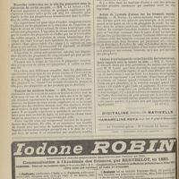 1542 - Page 1546 - Sociétés savantes. Société médicale des hôpitaux. (Séance du 6 novembre 1908). Séro-diagnostic des formes atypiques de la lèpre. MM. E. Gaucher et P. Abrami / Société de biologie. (Séance du 7 novembre 1908). Nouvelles recherches sur le rôle des plaquettes dans la rétraction du caillot sanguin. MM. L. Le Sourd et Ph. Pagniez / Toxicité des matières fécales. MM. Roger et Garnier / Action de l'acétate d'urane sur les ferments saccharifiants. M. Roger / Lésions histologiques du corps thyroïdes des tuberculeux ; leurs rapports avec la teneur en iode. MM. G. Vitry et G. Giraud. (A suivre)