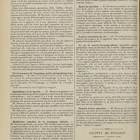 1684 - Page 1688 - Sociétés savantes. Société de chirurgie. (Séance du 2 décembre 1908). Traumatisme du rein. M. Morestin, sur une observation présentée par M. Fredet / Rétrécissement de l'oesophage, poche pharyngienne supplémentaire. M. Rouvillois / Epithélioma de la bouche. M. Morestin / Exfoliation complète de la muqueuse vésicale. M. Guinard / Les injections de chlorure de zinc dans le traitement des tumeurs blanches. M. Walther / Décalcification des os de la main. M. Legueu / Kyste de pancréas. M. Potherat / Tumeur vasculaire du cou. M. Walther / Un cas de pseudo-hermaphrodisme masculin externe coïncidant avec un sarcome de l'ovaire ; laparotomie. M. Bégouin... / Fistules vésico-vaginales. M. Bégouin... / Société de biologie. (Séance du 5 décembre 1908). Essai de détermination de l'unité de pouvoir amylolytique dans les recherches sur la quantité d'amylase. M. Pariset