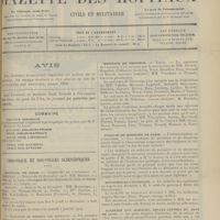 1785 - Page 1789 - Sommaire / Chronique et nouvelles scientifiques. Hôpitaux de Paris / Hôpitaux de Province / Faculté de médecine de Paris / Ministère de l'intérieur / Académie des sciences, belles-lettres et arts de Lyon / Avis. (Voir la suite des nouvelles, p. 1796)