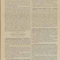 0049 - Page 43 - Sociétés savantes. Société de chirurgie. (Séance du 6 janvier 1908). Echinococcose sous-diaphragmatique. M. Cranwel / Rupture de la crosse de l'aorte. M. Demoulin / Société de biologie. (Séance du 10 janvier 1909). Recherches expérimentales relatives à l'extirpation et à la destruction des capsules surrénales. MM. Moussu et Le Play / Troubles cardiaques produits par la toxine typhique pure ou combinée à d'autres toxines microbiennes. MM. Fernand Arloing et De Lagoanère / Etude d'un aspergillus pathogène nouveau : aspergillus fumigatoïdes. MM. G. Bainier et A. Sartory / Emploi des rongeurs (lapins) pour la recherche et le dosage de l'oxyde de carbone dans les mines de houille et dans les appartements. M. N. Gréhant / Paralysie alcoolique expérimentale par poliomyélite. MM. Aubertin et Lhermitte