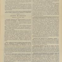 0123 - Page 117 - Sociétés savantes. Société médicale des hôpitaux. (Séance du 22 janvier 1909). Adénite sporotrichosique. M. Widal, au nom de M. Josset-Moure / Société de biologie. (Séance du 23 janvier 1909). La double ordination des cellules bordantes et la sécrétion interne de l'estomac. MM. Carnot et Lelièvre / Valeur comparée de deux procédés de laboratoire (déviation du complément et précipito-diagnostic) en vue du diagnostic de l'échinococcose. M. Weinberg / Au sujet du rouge neutre comme indice du colibacille. M. A. Sicre / Diagnostic de la cirrhose syphilitique du foie par la méthode de Wasserman ; recherche comparée des anticorps dans le sérum et l'ascite. MM. Ch. Esmein et Paron / A propos des anticorps spécifiques dans le sérum des malades atteints d'échinococcose. MM. Weinberg et L. Boidin / Structure des hématies des mammifères adultes. MM. Lelièvre et Retterer / Trémulation fibrillaire du coeur du cobaye sous l'influence du chloroforme. MM. Busquet et Pachon / Autonomie du développement de l'encéphale dans les retards de la croissance chez les jeunes enfants. MM. Variot et Lassablière / Instabilité vaso-motrice provoquée par le traitement thyroïdien. MM. Léopold-Lévi et Henri de Rothschild