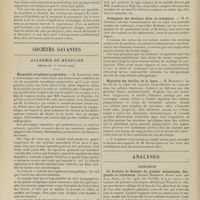 0284 - Page 278 - La prophylaxie à la crèche ; par le Docteur Beluze... / Sociétés savantes. Académie de médecine. (Séance du 23 février 1909). Myopathie atrophique progressive. M. Landouzy / Pathogénie des douleurs dites de croissance. M. P. Coudray / Migration des bacilles de la lèpre. M. Marchoux / Analyses. Chirurgie. La fracture de Bennett du premier métacarpien. Diagnostic et traitement (Samuel Robinson. Boston med. and surg. Journ...). [M. Lance]