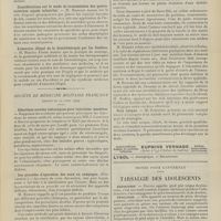 0623 - Page 617 - Sociétés savantes. Société de médecine de Paris. (Séance du 24 avril 1909). Trépanation, curetage et drainage du sinus maxillaire par voie nasale. M. G. Mahu / Considérations sur le mode de transmission des gastro-entérites aiguës infantiles. M. Margain / L'exercice illégal de la kinésithérapie par les Suédois. M. Maurice Faure / Société de médecine militaire française. (Séance du 22 avril 1909). Sélections sucrées isotoniques pour injections massives. MM. J. Labougle et Boutin / Les procédés d'épuration des eaux en campagne. (Discussion) / Etiologie de la fièvre typhoïde. M. Em. Rouyer, par M. Laplanche / Rein unique. M. Scherrer / Notes pour l'internat. Tarsalgie des adolescents
