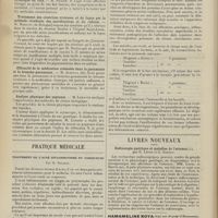 0760 - Page 754 - Sociétés savantes. Société de médecine de Paris. (Séance du 14 mai 1909). Des albuminuries d'origine génitale. MM. Le Für et Besson / Néphrectomie partielle dans le traitement du kyste hydatique du rein. M. Nicaise / Traitement des cicatrices vicieuses et du lupus par la méthode combinée des scarifications et du radium. M. Masotti... le service de Docteur Danlos / Efficacité de la médication créosotée dans la pneumonie et la broncho-pneumonie. M. Schoull... / Analyse physique des peptones. M. Lematte / Pratique médicale. Traitement de l'acné inflammatoire et variqueuse ; par M. Delorge / Livres nouveaux. Radioscopie gastrique et maladies de l'estomac, par G. Leven et G. Barret