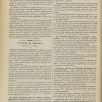 0770 - Page 764 - Sociétés savantes. Société de chirurgie. (Séance du 19 mai 1909). La fulguration dans le cancer. M. Tuffier / Société de biologie. (Séance du 22 mai 1909). Passage de l'hémoglobine musculaire à travers le rein. MM. Jean Camus et Ph. Pagniez / Les glandes surrénales dans les maladies chroniques compliquées d'affection rénale. M. A. Sézary / Injections de blanc d'oeuf dans l'estomac et dans le rectum des lapins. M. Nobécourt / Sur le précipito-dignostic de la méningite cérébro-spinale. M. J. Louis..., la méthode de la précipito-réaction de M. Vincent / Le syndrome oculaire de l'instabilité thyroïdienne (oeil neuro-arthritique). MM. Léopold Lévi et Henri de Rothschild / Comparaison de la voie gastrique avec la voie sous-cutanée au point de vue des doses minima mortelles. M. Maurel