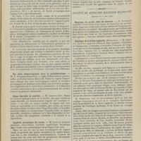 0811 - Page 805 - Sociétés savantes. Société de médecine de Paris. (Séance du 29 mai 1909). Des albuminuries d'ordre génital (suite). M. Gillet / Des états hémorragiques dans la prétuberculose. M. E. François-Dainville, observations personnelles et observations dues à M. Talamon / Corps thyroïde et sénilité. M. Léopold-Lévi / Syphilis atrophique de l'aorte. M. Letulle / Traitement des tuberculeux pauvres par la recalcification. M. Paul Ferrier et Mme Sidler / Pleuro-tuberculose secondaire et exercices physiologiques de respiration. M. Georges Rosenthal / Société de médecine militaire française. (Séance du 27 mai 1909). Hygroma du genou chez les écuyers. M. Toussaint / Etiologie de la fièvre typhoïde (discussion). M. Granjux