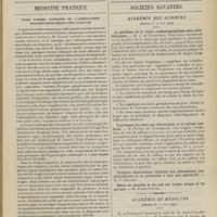 0871 - Page 865 - Monoplégie hystérique. Apparition consécutive au développement d'un fibro-sarcome du bras. Guérison immédiate après une intervention chirurgicale faite sous le bénéfice de l'anesthésie névrosique, par MM. L. Limbaud... et J. Anglada... / Médecine pratique. Trois formes cliniques de l'adénopathie trachéo-bronchique chez l'adulte. [M. Brelet] / Sociétés savantes. Académie des sciences. (Séance du 7 juin 1909). Le problème de la vision cinématographique sans scintillements. M. C. de Proszynski / Traitement des naevi par l'électrolyse et le radium combinés. M. Foveau de Courmelles / Académie de médecine. (Séance du 15 juin 1909). La photothérapie dans le traitement de la tuberculose laryngée. M. Nepveu