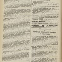 0904 - Page 898 - Sociétés savantes. Société de biologie. (Séance du 19 juin 1909). Les variations de la formule sanguine chez les morphinomanes et les héroïnomanes au cours de la désintoxication rapide suivant la méthode de Sollier. MM. Chartier et Morat... / Réaction de Cammidge. MM. Grimbert et Bernier / Résistance et activité des leucocytes dans les infections aiguës. MM. Achard, Louis Ramond et Foix / L'identité des variétés banale et rhumatismale du bacille d'Achalme démontrée par l'action croisée du sérum T. R. M. G. Rosenthal / Mécanisme général et cause immédiate de la suppression fonctionnelle de l'inhibition cardiaque pendant l'irrigation du coeur avec les solutions isotoniques de sels de sodium. MM. Busquet et Pachon / Articles originaux des principales publications françaises et étrangères. Annales d'hygiène publique et de médecine légale / Annales des maladies de l'oreille, du larynx, du nez et du pharynx / Archives de médecine navale / Archives générales de médecine