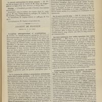 0951 - Page 945 - Sociétés savantes. Académie de médecine. (Séance du 29 juin 1909). Election / Société de biologie. (Séance du 26 juin 1909). Précipitine méningococcique et co-précipitines. M. Dopter / Sur la présence de cellules à granulations métachromatiques dans la pulpe vaccinale. M. Tanon / Action de la toxine diphtérique sur le coeur isolé du lapin. MM. Chevalier et Clerc / Sur le sucre total du sang. MM. R. Lépine et Boulud / Les états anémiques, leur indice opsonique, leur valeur phagocytaire. MM. Parvu et Ch. Laubry / L'indosé organique urinaire : sa grandeur, ses variations à l'état normal suivant les régimes alimentaires. MM. H. Labbé, G. Vitry et M. Touyéras / Action des rayons X sur le thymus. MM. Aubertin et Bordet