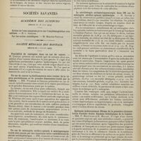 0976 - Page 970 - Formulaire. L'adrénaline dans le traitement palliatif du cancer / Sociétés savantes. Académie des sciences. (Séance du 28 juin 1909) / Société médicale des hôpitaux. (Séance du 2 juillet 1909). Possibilité de contagion dans un cas de cancer. M. Queyrat / Un cas de cancer épithéliomateux sous-cutané de la région parotidienne et de grandes dimensions traité par le radium. MM. Wickham et Degrais / Un cas de méningite cérébro-spinale à méningocoques traité avec succès par des injections intra-rachidiennes de sérum antidiphtérique. MM. Lemoine et Gaehlinger... / La sérothérapie antiméningococcique dans 196 cas de méningite cérébro-spinale épidémique. M. Dopter / Epilepsie jacksonienne. Gliome de la première circonvolution frontale droite. Examen histologique de la tumeur. MM. P. Ménétrier et R. Mallet