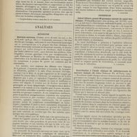 1122 - Page 1116 - Sociétés savantes. Société de biologie. (Séance du 31 juillet 1909). Kystes à sarcosporidies adjacents à une tumeur fibro-sarcomateuse. MM. J. Sabrazès et L. Muratet / Analyses. Médecine. Anorexie nerveuse (Comby. Arch. de méd. des enf...). [L. Babonneix] / La sialorrhée dans la paralysie agitante (Gramegna. Rivista di patol. nerv. e mentale...). [L. Alquier] / Chirurgie. Calcul biliaire pesant 80 grammes extrait du canal cholédoque (Willard Bartlett. Ann. of Surg...). [F. Gardner] / Thérapeutique. Contribution à l'étude clinque du salicylarsinate de mercure (énésol) (M. Gilles Trégoat. Th. de Paris...). [L. Gayard]