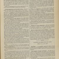 1483 - Page 1477 - Sociétés savantes. Société de chirurgie. (Séance du 13 octobre 1909). Scoliose congénitale. M. Kirmisson, sur deux obsevations adressées par M. Coville / Arthrite suppurée du coude d'origine otique. M. Lejars analyse deux observations de MM. Lesueur et Rouvillois / Tumeur maligne du cuir chevelu. M. Potherat / Tumeurs de la paroi abdominale. M. Routier / Balle de revolver dans le canal rachidien. M. Tuffier / Société de médecine de Paris. (Séance du 8 octobre 1909). Nécrologie / Pyélo-néphrite d'origine calculeuse. M. Mortier / Drainage du liquide céphalo-rachidien. M. Wicart