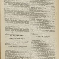 1593 - Page 1587 - Un cas d'anesthésie généralisée ; par MM. Paris et Lafforgue... / Sociétés savantes. Académie des sciences. (Séance du 2 novembre 1909) / Société médicale des hôpitaux. (Séance du 5 novembre 1909). Eosinophilie pleurale. MM. Achard et L. Ramond / Surcharge graisseuse du coeur et infiltration adipeuse du faisceau de His dans un cas de pouls lent permanent. MM. Bergé et Pélissier / Salpingite éberthienne, opération d'urgence, guérison. MM. Galliard et Chaput / Société de chirurgie. (Séance du 3 novembre 1909). Arthrites suppurées. M. Auvray