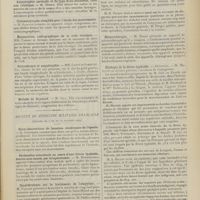 1595 - Page 1589 - Sociétés savantes. Société de neurologie. (Séance du 4 novembre 1909). Hémiplégie, hémianopsie transitoires, suivies d'épilepsie symptomatique / Amyotrophie cervicale et du type Aran-Deuchenne, chez une tabétique. M. Merle / Cinématographe simplifié pour l'étude des mouvements. M. Sainton / Mensuration radiographique de la selle turcique. MM. Toupet et Infroit / Sclérodermie et amyotrophie. MM. Chené et Jumentié / Maladie de Raynaud. M. Sala / Société de médecine militaire française. (Séance du 7 et du 21 octobre 1909). Deux observations de luxation récidivante de l'épaule. M. Couteaud / Perforation intestinale au cours d'une fièvre typhoïde, traitée avec succès par la laparotomie. M. Ducourthial / Considérations sur le traitement de l'empyème. M. Paillez / Mécanothérapie. M. Bidon / Etiologie de la fièvre typhoïde. Discussion. M. Marotte