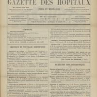 1859 - Page 1853 - Sommaire / Chronique et nouvelles scientifiques. Hôpitaux de Paris / Hôpitaux de Province / Facultés de médecine / Écoles de médecine / Guerre / Médaille d'honneur des épidémies / Nécrologie / Conférences pour l'internat des asiles de la Seine. (Voir la suite des Nouvelles, p. 1861) / Bulletin bibliographique