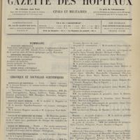 0013 - Page 1 - Sommaire / Chronique et nouvelles scientifiques. Hôpitaux de Province / Hôpital Saint-Joseph / Faculté de médecine de Paris / Ecole de médecine / Distinctions honorifiques / Marine. (Voir la suite des nouvelles, p. 9)