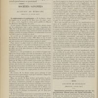 0062 - Page 50 - Désintégration pathologique des leucocytes observée à l'ultramicroscope. (Sur un cas de leucémie et un cas de pneumonie ayant présenté de la fragmentation leucocytaire) ; par MM. R. Horand... et Ph. Russo... / Sociétés savantes. Académie de médecine. (Séance du 10 janvier 1911). La néphrotomie et la pyélotomie. M. Le Dentu, sur un travail de M. Bazy / Le 606 et les maladies des yeux. M. de Lapersonne en son nom et au nom de M. A. Leri / Société de biologie. (Séance du 7 janvier 1911). Immunisation préventive et thérapeutique par des vaccins nouveaux, obtenus grâce aux rayons ultraviolets. M. Renaud