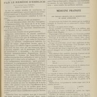 0093 - Page 81 - Traitement de l'hémophilie congénitale et du purpura par les injections de peptone de Witte ; par MM. P. Nobécourt et Léon Tixier / Traitement de la syphilis par le remède d'Ehrlich ; par le Docteur Louis Camous... / Médecine pratique. Les travaux récents sur la désinfection du champ opératoire. [M. Lance]
