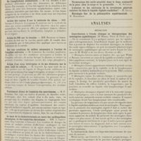 0155 - Page 143 - Sociétés savantes. Société de biologie. (Séance du 22 janvier 1911). Pouvoir catalytique des eaux de Vichy. M. R. Glénard / De l'anaphylaxie alimentaire. M. Ch. Richet / Action des rayons X sur le testicule du chien. MM. Nogier et Regaud / Action du 606 sur la vaccine. MM. Nicolle et Comar / Sur une condition de milieu nécessaire à l'action de l'amylase salivaire. M. Lisbonne / Action d'un sang hétérogène et de ses éléments sur le coeur isolé de cobaye. M. Launoy / Traitement direct de l'entérite des nourrissons. M. P. Bonnier / Le taux de la cholestérinémie au cours des cardiopathies chroniques et des néphrites chroniques. MM. A. Chauffard, Guy Laroche et Grigaut / Analyses. Médecine. Contribution à l'étude clinique et thérapeutique des méningites syphilitiques. (M. Miriel. Thèse de Paris 1910). [P. Gastinel] / Chirurgie. Tumeurs de la moelle épinière. (New-York Surgical Society...). [F. Gardner]