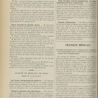 0212 - Page 200 - Sociétés savantes. Société de chirurgie. (Séance du 1er février 1911). Tumeur abdominale syphilitique. M. Potherat, sur une observation de M. Meslay... / Kyste dermoïde du plancher buccal. M. Savariaud / Société de médecine de Paris. (Séance du 28 janvier 1911). Sur l'action thérapeutique des pédiluves. M. Perpère / Talalgie et exostoses sous-calcanéennes. M. Lacaille / Corps étrangers broncho-oesophagiques : du traitement endoscopique de leurs complications. M. Guisez / L'homme préhistorique. M. Maurice Faure / Pratique médicale. Les idées nouvelles sur la physiologie pathologique et le traitement de la constipation et de l'entérocolite muco-membraneuse