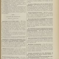 0239 - Page 227 - Sociétés savantes. Académie de médecine. (Séance du 7 février 1911). Le choléra. M. Chantemesse / Société de biologie. (Séance du 4 février 1911). Lipémie dans un cas de diabète maigre. MM. Javal, Amado et Boyet / Comparaison de la résistance aux antiseptiques du bacille Perfringens et de l'Anhémobacille du rhumatisme, variété banale et différenciée du bacille d'Achalme. M. G. Rosenthal / Le 606 agit-il sur la vaccine ? M. L. Camus / Note sur les colloïdes des eaux de Vichy. M. L. Salignat répond à M. Roger Glénard / La réaction de Marmorek est-elle une fixation vraie du complément ? M. A. Bergeron / Précipito-diagnostic de la morve. MM. Costa et Fayet / Rôle des électrolytes dans la saccharification de l'amidon par les amylases salivaire et pancréatique. M. Lisbonne / Sur la diminution du pouvoir lipolytique du suc pancréatique au cours des sécrétions provoquées par des injections répétées de pancréatine. MM. Morel et Terroine / Etude bactériologique d'un cas d'appendicite vermineuse. M. Ramenovitch / Morphologie du pneumocoque. MM. Truche et Mme Gosset