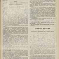 0335 - Page 323 - Sociétés savantes. Société de biologie. (Séance du 18 février 1911). Le 606 influence-t-il l'immunité vaccinale ? M. L. Camus / De l'existence de microorganismes dans l'intérieur de certaines charcuteries. M. Maurel / Société de médecine militaire française. (Séance des 2 et 16 février 1911). Traitement des traumatismes fermés du crâne (Suite de la discussion). M. Gruet / La fièvre de Malte (Suite de la discussion). M. Lafforgue / La « fièvre de trois jours ». MM. Miorcec et Laplanche / Pratique médicale. Prévention et traitement de la lithiase rénale ; par le Docteur Max Bérant