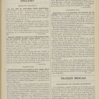 0431 - Page 419 - Sociétés savantes. Société de biologie. (Séance du 4 mars 1911). Les poisons endocellulaires du bacille diphtérique. MM. Aviragnet, Bloch Michel et Dorlencourt / Analyses. Médecine infantile. Les cris chez les nourrissons hérédo-syphilitiques. (Genaro Sisto. Archives de médecine des enfants...). [L. Babonneix] / Résultats infidèles du lactose dans l'alimentation infantile. Son utilisation possible comme laxatif. (Variot. La clinique infantile...). [L. Babonneix] / Pathologie. Le bilan de la soude, de la potasse et de la chaux chez le lapin après injection d'extrait hypophysaire. (A. Mochi. Riv. di patol. nerv. e ment...). [L. Alquier] / Chirurgie. Technique du traitement de la coxalgie et des tumeurs blanches pour la conservation du mouvement dans l'articulation. (L. Mencière, de Reims. La pédiatrie pratique...). [L. Babonneix] / Épidémiologie. Expériences sur la transmission des bactéries par les mouches. (Samuel T. Orton et A. Taft. The Boston med. and surg. Journ...). [M. Lance] / Pratique médicale. Convalescence des maladies infectieuses