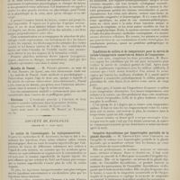 0479 - Page 467 - Sociétés savantes. Académie de médecine. (Séance du 13 mars 1911). Une étude sur le cancer. M. Borrel / Un nouveau laryngoscopie. M. Gariel, au nom de M. Jules Glover... / Maladie de Pascal. M. Poncet, au nom de M. Just Navarre... / Elections / Société de biologie. (Séance du 11 mars 1911). La notion de l'isostalagmie. La stalagmonocivité. M. Iscovesco / Note sur l'examen anatomo-pathologique de quelques chiens en intoxication anaphylactique. MM. Faure-Beaulieu et Maurice Villaret / Conditions de milieu et de température pour la survie de cornée transparente conservée en dehors de l'organisme. M. Magitot / Inégalité thyroïdienne par hypertrophie partielle de la glande thyroïde. M. Léopold-Lévi / Sur l'urobiline et son chromogène. M. Grimbert