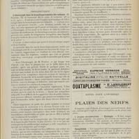 0621 - Page 609 - Analyses. Anatomie. Circulation du lobule thymique. (R. Pigache et Worms. Bull. Soc. anat...). [L. Alquier] / Thérapeutique. L'électrargol dans la bronchopneumonie des enfants. (H. Perrier. Th. de Lausanne, Revue suisse de médecine...). [L. Gayard] / Notes pour l'internat. Plaies des nerfs