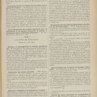 0667 - Page 655 - Sociétés savantes. Académie de médecine. (Séance du 11 avril 1911). La recherche de la syphilis latente pour la réaction de Wassermann. M. Letulle, en son nom et au nom de M. Bergeron / Electrisation directe de l'estomac, par une sonde, sous le contrôle des rayons X. M. Letulle, sur un travail de MM. Aubourg et Lebon / Société de biologie. (Séance du 8 avril 1911). Réaction à la phénolphtaléine et fonction martiale du foie. M. H. Triboulet / Conservation des graisses naturelles. MM. Hudelo, Fernand Lévy et Tulasne / Remarques techniques et structurales sur le tendon. MM. Retterer et Lelièvre / Salage des eaux et analyse bactériologique qualitative. M. Remlinger / Recherche des anticorps dans les épanchements séro-fibrineux des pleurésies aiguës. M. P. Paraskevopoulos / Appareil clinique pour la mesure des échanges respiratoires. M. J. Bergonié... / Toxicité des pulpes glycérinées de sarcosporidies du cheval. MM. Sabrazès et Muratet...