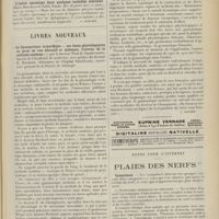 0669 - Page 657 - Analyses. Médecine infantile. Anatomie pathologique. L'anatomie pathologique de la glande thyroïde dans l'épilepsie, l'alcoolisme chronique et la démence précoce. (Zalla. Riv. di patol. nerv. e ment...). [L. Alquier] / Psychiatrie. L'indice opsonique dans quelques maladies mentales. (Mario Baccelli et Tullio Terni. Riv. di patol. nerv. e ment...). [L. Alquier] / Livres nouveaux. « La gymnastique scientifique », ses bases physiologiques au point de vue éducatif et militaire. L'erreur de la méthode suédoise, par le Docteur Paul de Champtassin, lauréat de l'Académie de médecine, avec préface du Docteur E. Rochard... [L. Gayard] / Notes pour l'internat. Plaies des nerfs