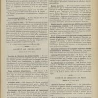 0683 - Page 671 - Sociétés savantes. Société de chirurgie. (Séance du 12 avril 1911). Traitement des fractures. M. Moty / Traumatisme du crâne. M. Morestin / Société de neurologie. (Séance du 6 avril 1911). Paralysie de l'élévation des globes oculaires. M. Landolt / Maux perforants idiopathiques. MM. Sicard et M. Bloch / Bi-spasme facial. MM. Sicard et M. Bloch / Hémispasme facial traité sans succès par l'anastomose spino-faciale. M. Sicard / Inversion du réflexe tricipital chez les tabétiques. M. Souques / Hémorragies cérébrales multiples contemporaines et récentes. M. Souques / Maladie de Little. Mme Long-Landry / Débilité motrice congénitale sans débilité psychique chez un hémiplégique infantile. M. Armand-Delille / Etude dynamométrique de quelques groupes musculaires chez des hémiplégiques. MM. Baudouin et Français / Elévation involontaire de la paupière supérieure lors des mouvements du maxillaire. M. Gaultier / Arthropathie tabétique du pied. M. Barré / La radiothérapie de la sciatique. MM. Babinski, Charpentier et Delherm / Société de médecine de Paris. (Séance du 7 avril 1911). Obésité et fonction génitale (suite). M. Léopold-Lévi / Ptose du duodénum. M. Glénard