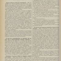 0778 - Page 766 - Sociétés savantes. Société médicale des hôpitaux. (Séance du 28 avril 1911). Angine de Vincent traitée par l'arsénobenzol. MM. Ch. Achard et Ch. Flandin / La signe de la phénolphtaléine en coprologie. Ses rapports avec la physio-pathologie cellulaire hépatique. M. H. Triboulet / Persistance d'un trou de Botal de dimension exagérée sans cyanose. MM. Henri Dufour et Huber / Leucoplasie labiale. MM. Laignel-Lavastine et Portret / Un nouveau cas d'oosporose pulmonaire à forme de bronchectasie. MM. M. Garnier et L. Bory / Quelques cas de rhumatisme tuberculeux guéris au moyen de corps immunisants (« J. K. ») de Carl Spengler, par M. Hollós