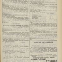 0883 - Page 871 - Analyses. Médecine. Une méthode simple de vaccination. (Laugley Porter. The California state Journal of Med...). [M. Lance] / Thérapeutique. Traitement de la laryngite striduleuse. (H. Bourgeois. Progrès méd...). [L. Gayard] / Notes de thérapeutique. Posologie de la digitaline dans l'artéro-sclérose avec néphro-sclérose et bruit de galop