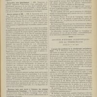 1003 - Page 991 - Sociétés savantes. Société médicale des hôpitaux. (Séance du 2 juin 1911). Spirochètes et spirilles de l'intestin. Conditions de leur présence. Leur rôle possible dans certains états de l'intestin. MM. Pierre Teissier et Ch. Richet fils / Péricardite avec épanchement. MM. Triboulet et Harvier / Névrite optique et 606. MM. E. Jeanselme et C. Coutela / Nouveaux faits pour servir à l'histoire des sténoses inflammatoires de l'oesophage. M. Guisez / Société d'études scientifiques sur la tuberculose. (Séance du 11 mai 1911). A propos des accidents de la sérothérapie antituberculeuse. M. F. Bezançon / Recherches expérimentales sur la pathogénie des foyers tuberculeux secondaires du poumon. MM. Fernand Bezançon et Braun