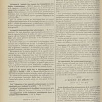 1050 - Page 1038 - Sociétés savantes. Académie des sciences. (Séance du 29 mai 1911). Influence de l'anémie des organes sur l'installation des lésions tuberculeuses. MM. S. Arloing, Fernand Arloing et J. Chattot / La capacité manostatique chez les aviateurs. M. Pierre Bonnier / Influence du milieu social sur le développement de la taille chez la femme. MM. A. Marie et Léon Mac Auliffe / (Séance du 6 juin 1911). L'assainissement de la Corse. M. Laveran / Les rayons ultra-violets et la saccharose. MM. Bierry, Victor Henri et A. Ranc / La transmission du typhus exanthématique. MM. Nicolle, Conseil et Conor / Académie de médecine. (Séance du 13 juin 1911). Accès de mélancolies prémonitoires de la paralysie générale. M. Gilbert Ballet